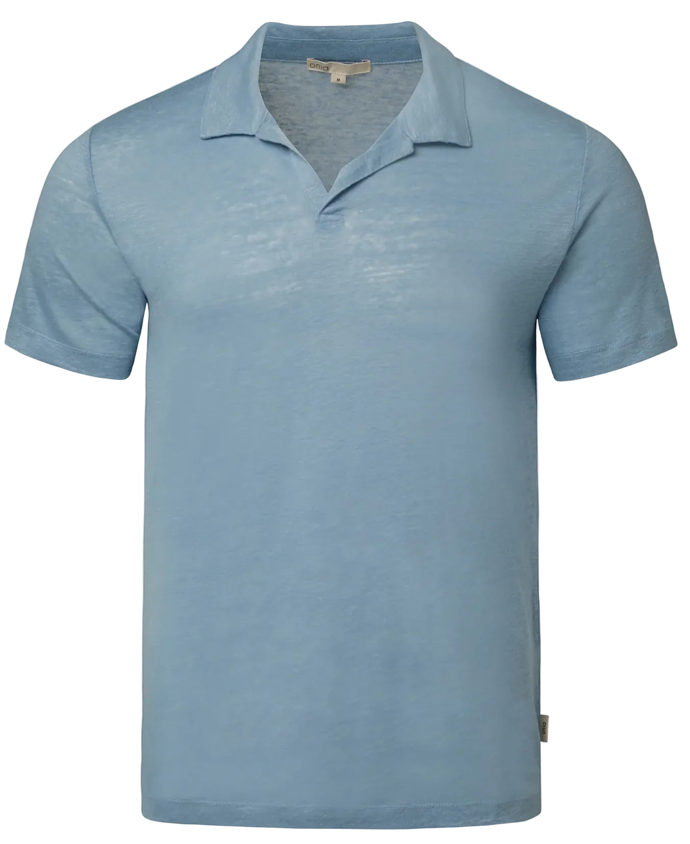The Shaun Linen Polo by Onia is a light blue, relaxed fit polo with a soft Johnny collar, crafted from comfortable linen jersey and shown on a plain white background.