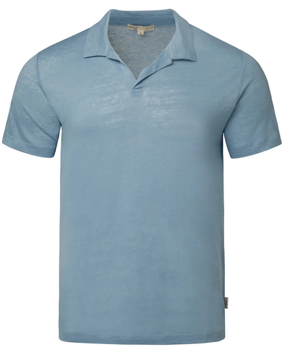The Shaun Linen Polo by Onia is a light blue, relaxed fit polo with a soft Johnny collar, crafted from comfortable linen jersey and shown on a plain white background.
