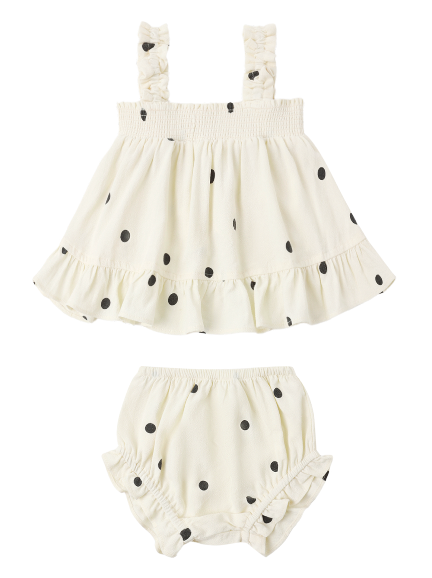 The Rylee & Cru Baby Girls' Lala Set features a white sleeveless top and matching flutter bloomers with black polka dots and smocked ruffle details for a charming look.