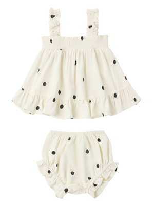 The Rylee & Cru Baby Girls' Lala Set features a white sleeveless top and matching flutter bloomers with black polka dots and smocked ruffle details for a charming look.