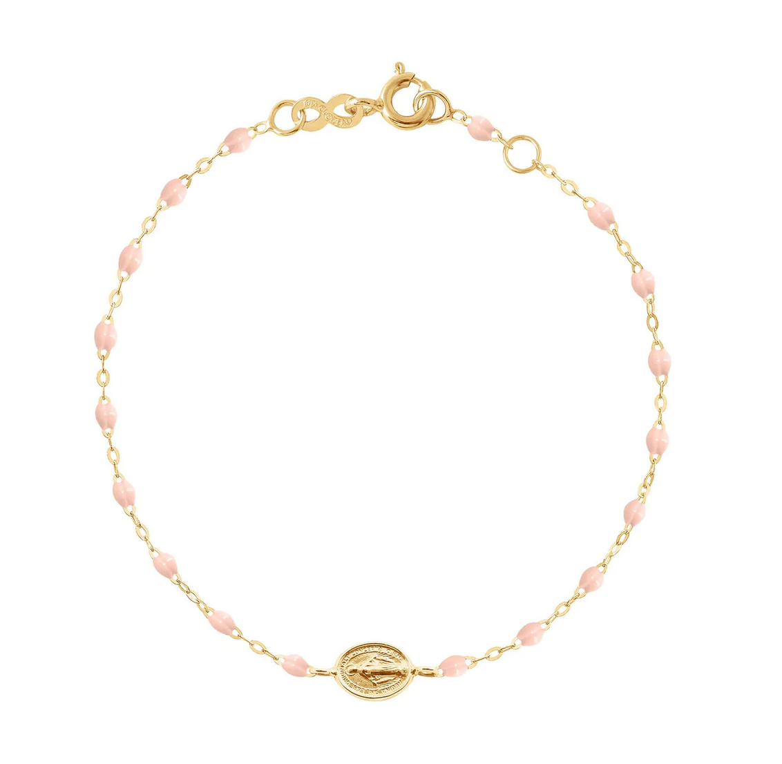 The Gigi Clozeau Madone Charm Bracelet 6.7" is an exquisite gold chain with elegant resin pearls and a central oval charm, crafted from 18-carat gold and featuring a secure clasp closure.