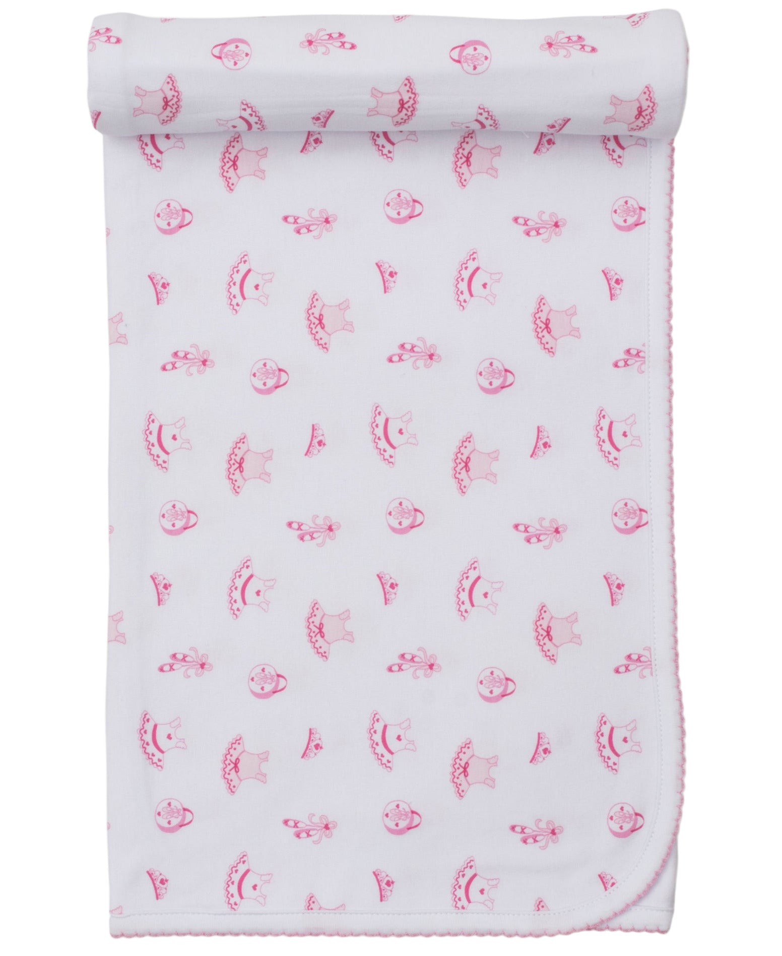 The Kissy Kissy Ready to Dance Blanket is a cozy white Pima cotton blanket with pink scalloped edges, decorated with an all-over print of pink mushrooms and small animals.