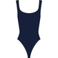 The Hunza G Square Neck Swim is a navy blue one-piece with wide straps, high-cut leg, and signature crinkle fabric for a classic look.
