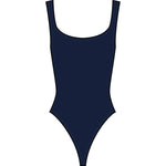 The Hunza G Square Neck Swim is a navy blue one-piece with wide straps, high-cut leg, and signature crinkle fabric for a classic look.