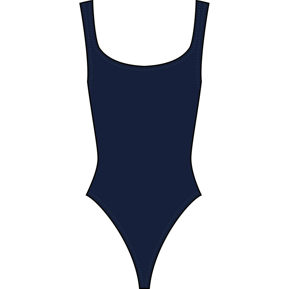 The Hunza G Square Neck Swim is a navy blue one-piece with wide straps, high-cut leg, and signature crinkle fabric for a classic look.