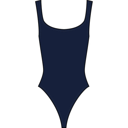 The Hunza G Square Neck Swim is a navy blue one-piece with wide straps, high-cut leg, and signature crinkle fabric for a classic look.
