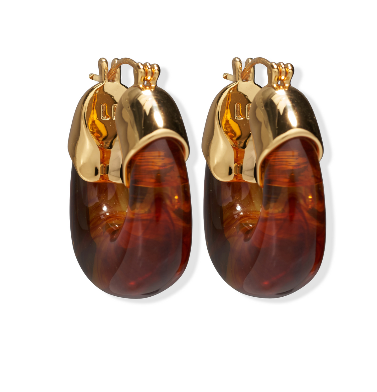 The Lizzie Fortunato Organic Mini Gold Hoops are gold-plated earrings featuring a glossy, rounded amber-hued design, shown against a white background.