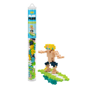 The Plus Plus Tube - Surfer Guy features colorful interlocking pieces for creative play and fine motor skills, letting kids build a surfer figure standing on a green and blue surfboard.