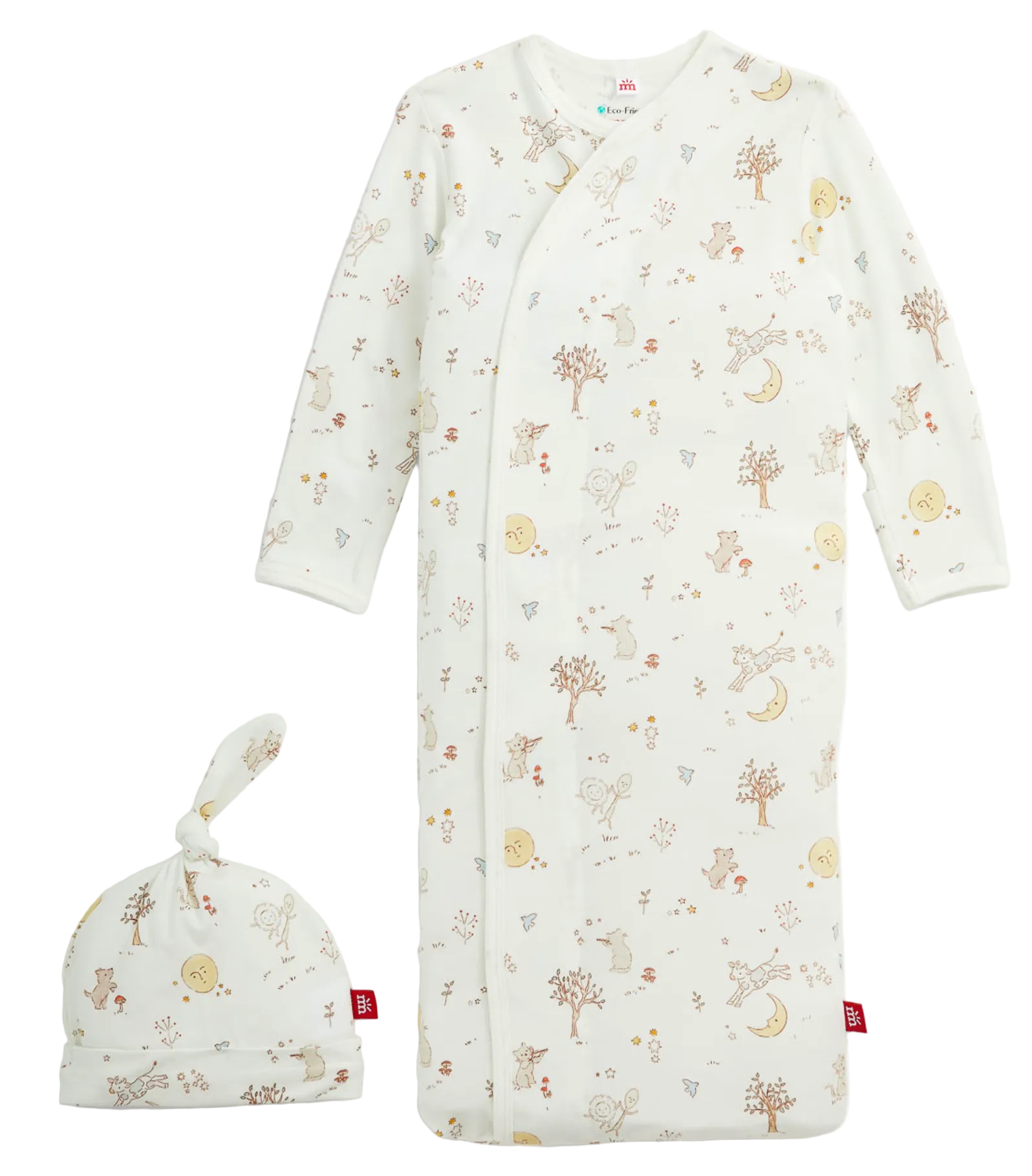 The Magnetic Me Baby Bedtime Rhymes Gown & Hat Set includes a white newborn gown with long sleeves and a coordinating knotted hat, both adorned with a pastel forest and animal print. Crafted from ultra-soft modal fabric, this set ensures gentle comfort against baby’s skin.