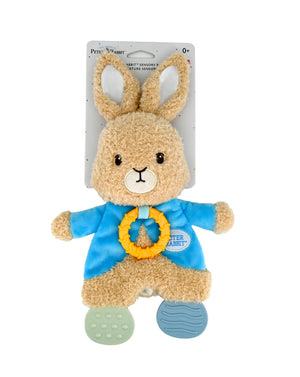 The Kids Preferred Peter Rabbit Sensory Blanky is a plush bunny with a blue coat, yellow teether, and textured feet—ideal for nursery decor. Packaging labeled "Peter Rabbit Sensory Teether.