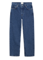 The Kate Jean by Anine Bing, crafted from midweight rigid denim in a medium blue wash, features a straight-leg silhouette with five pockets and a button closure, and is shown laid flat on a white background.