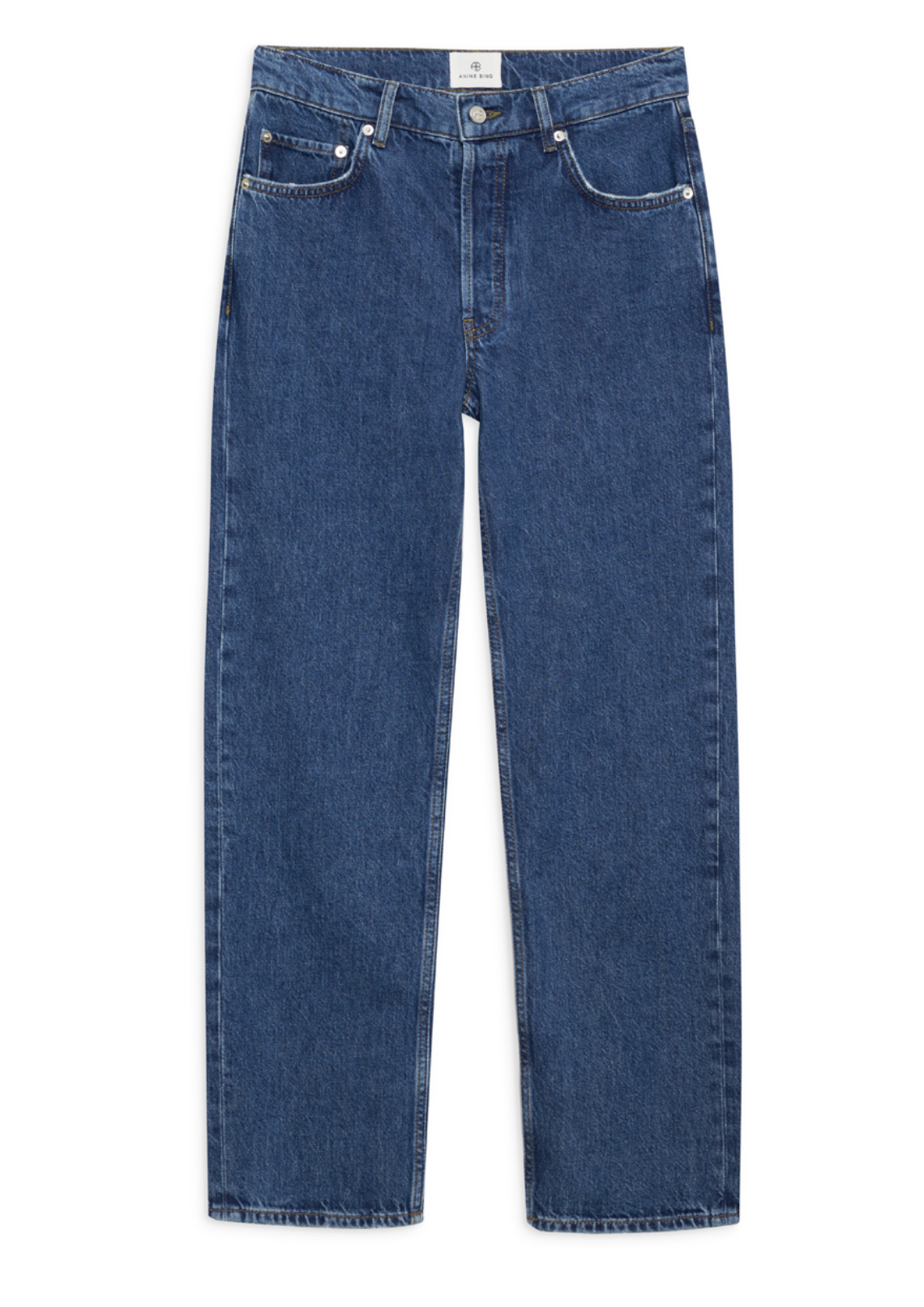 The Kate Jean by Anine Bing, crafted from midweight rigid denim in a medium blue wash, features a straight-leg silhouette with five pockets and a button closure, and is shown laid flat on a white background.