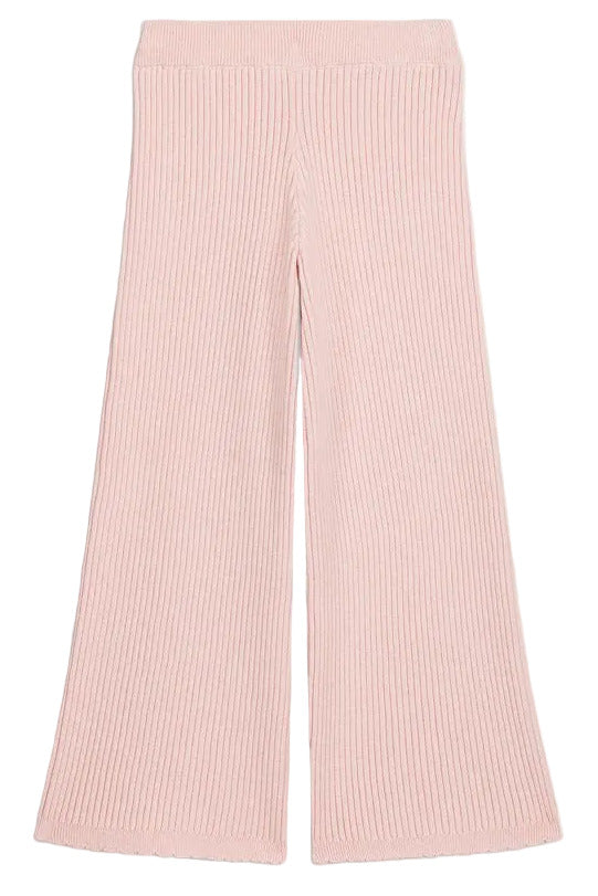 The Girls’ Salia Pants by Louise Misha are high-waisted, light pink ribbed knit pants featuring a flattering flare silhouette, shown laid flat on a white background.