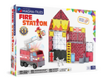 Magnatiles Fire Station 50-Piece Set box displaying a creative play scene featuring magnetic building tiles, a fire truck, a firefighter dog, and a station with lights and sounds. This magnetic construction set contains 50 pieces and is designed for children ages 3 and up.