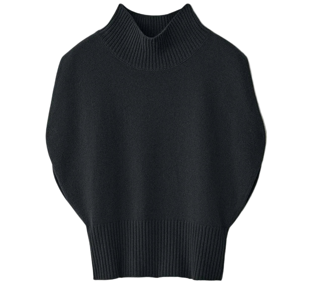 The Zaya Top by Lisa Yang is a black, sleeveless cashmere piece with a ribbed high neck and ribbed detailing on the collar, hem, and sides, shown laid flat on a white background.