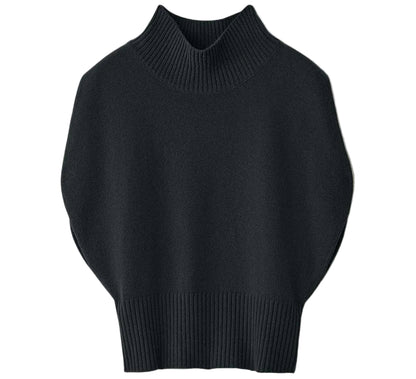 The Zaya Top by Lisa Yang is a black, sleeveless cashmere piece with a ribbed high neck and ribbed detailing on the collar, hem, and sides, shown laid flat on a white background.