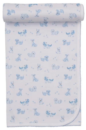 The Kissy Kissy Puppy Paws Printed Blanket is a folded, white, soft baby blanket featuring a charming pattern of small cartoon blue and white puppies and playful puppy paws scattered across the fabric.