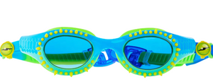 Bling2O Kids' Jurassic Dive Goggles combine playful blue and green colors with fun yellow spike accents, capturing a whimsical prehistoric theme. Round blue-tinted lenses and cartoon eyes on the sides turn every swim into an adventure for kids who love imaginative pool days.