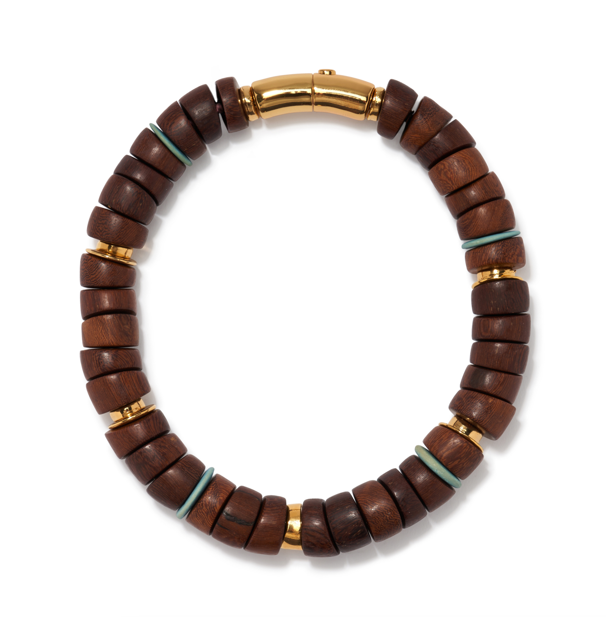 The Las Palmas Collar by Lizzie Fortunato features dark wood beads, gold-plated accents, light blue spacers, and a gold clasp arranged in a circular design.
