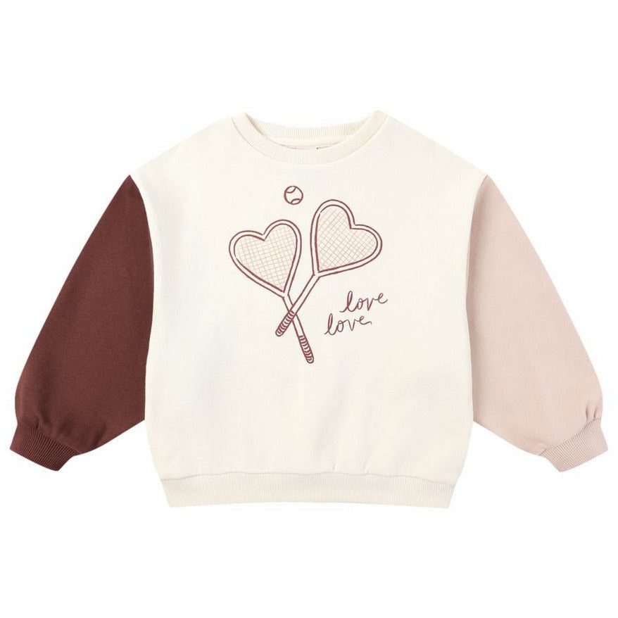 The Girls' Legend Sweatshirt by Rylee & Cru features a white and brown design with a heart detail, making it a cozy layer for any relaxed outfit.