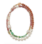 The Cabana Necklace by Lizzie Fortunato is a two-strand collar design with multicolored beads—pearls, turquoise, rectangular pink stones—and a gold toggle clasp.