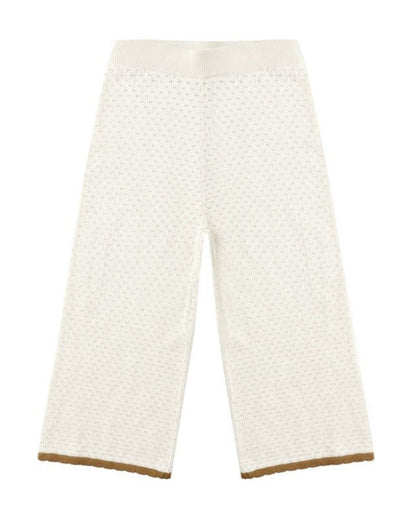 The Girls' Pointelle Knit Pant by Rylee & Cru features a subtle dotted texture, elastic waistband, and brown hem trim, shown photographed on a plain background.