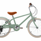 The Banwood Kids’ Vintage Classic Bike features a light green frame, seven-speed gearing, tan seat and handlebars, white tires, rear gear set, and both front and rear fenders, displayed on a white background.
