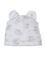 The Kissy Kissy Baby Sweet Sheep Hat features charming small sheep illustrations and two adorable fabric ears on top, crafted from soft Pima cotton for gentle comfort.