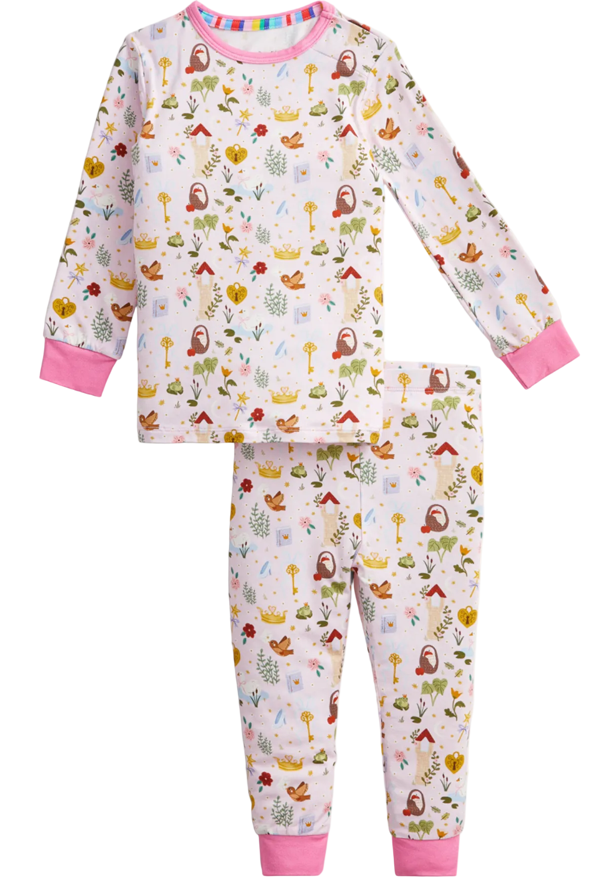 The Baby Girls’ and Girls’ Fairytale Era Pajama Set by Magnetic Me is made from silky soft modal fabric and features a colorful animal and nature print with pink cuffs at the sleeves, neckline, and pant legs.