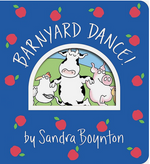 Cover of "Barnyard Dance!" by Simon & Schuster, featuring cartoon cow, pig, and chicken dancing on a blue background with red spots.