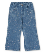 Girls’ Elba Sparkle Jeans in blue organic denim featuring a flared leg, an elastic waistband, and an all-over rhinestone pattern.
