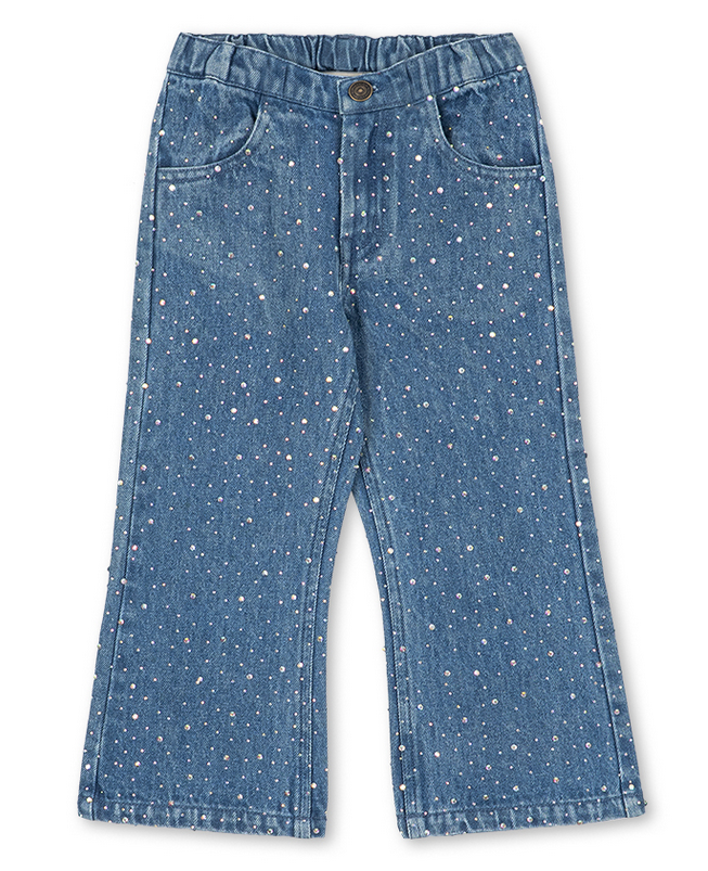 Girls’ Elba Sparkle Jeans in blue organic denim featuring a flared leg, an elastic waistband, and an all-over rhinestone pattern.