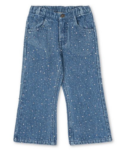 Girls’ Elba Sparkle Jeans in blue organic denim featuring a flared leg, an elastic waistband, and an all-over rhinestone pattern.