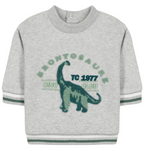 Discover the Tartine et Chocolat Baby Boys’ and Boys’ Dinosaur Sweatshirt in Sweatshirt Grey heather, featuring a playful green and teal brontosaurus illustration with “BRONTOSAURUS TC 1977 DINO CLUB” text. Made from 100% cotton for ultimate comfort, this cozy gray long-sleeve sweatshirt is finished with stylish green striped cuffs and hem.