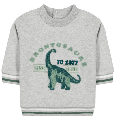 Discover the Tartine et Chocolat Baby Boys’ and Boys’ Dinosaur Sweatshirt in Sweatshirt Grey heather, featuring a playful green and teal brontosaurus illustration with “BRONTOSAURUS TC 1977 DINO CLUB” text. Made from 100% cotton for ultimate comfort, this cozy gray long-sleeve sweatshirt is finished with stylish green striped cuffs and hem.