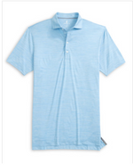 The Johnnie-O Huronn Polo is a light blue, short-sleeve performance shirt featuring a classic collar and three-button placket, laid flat against a white background. This featherweight polo offers UPF 50 sun protection, making it an ideal choice for staying cool and comfortable outdoors.