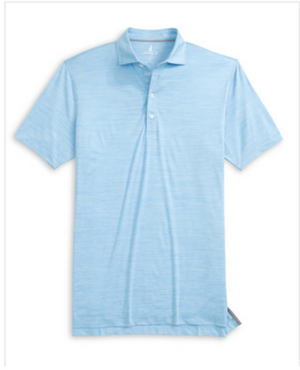 The Johnnie-O Huronn Polo is a light blue, short-sleeve performance shirt featuring a classic collar and three-button placket, laid flat against a white background. This featherweight polo offers UPF 50 sun protection, making it an ideal choice for staying cool and comfortable outdoors.