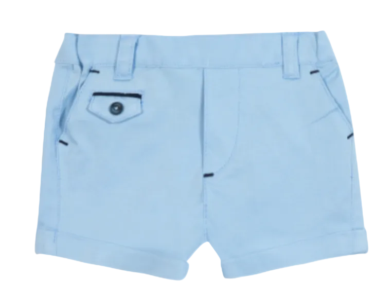Tartine et Chocolat Baby Boys’ and Boys’ Short in light blue cotton features rolled cuffs, belt loops, two front pockets, and a decorative back pocket with a button—perfect for little seaside explorers who appreciate practical style.