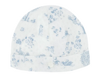The Tartine et Chocolat Baby Fantasy Garden Cotton Beanie is crafted from soft white cotton and showcases a light blue floral and animal fantasy garden print, finished with a small button detail on the folded brim.