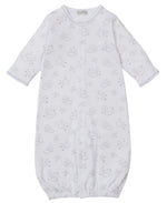 The Kissy Kissy Baby Cheerful Goodnight Convertible Gown is a white, long-sleeve Pima cotton gown with grey trim and a cloud and moon print. Its elastic hem makes nighttime changes easy and comfortable for your baby.