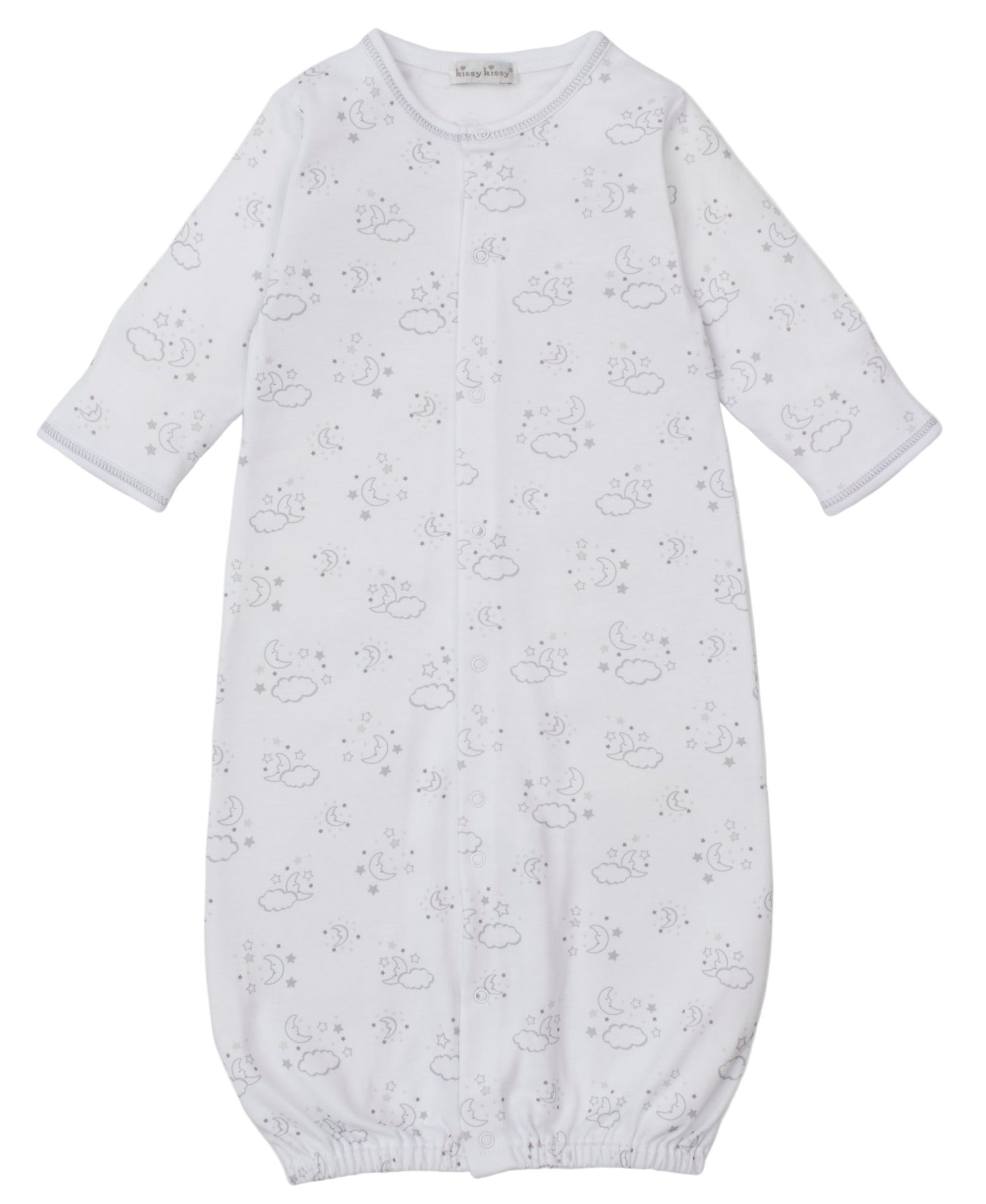 The Kissy Kissy Baby Cheerful Goodnight Convertible Gown is a white, long-sleeve Pima cotton gown with grey trim and a cloud and moon print. Its elastic hem makes nighttime changes easy and comfortable for your baby.