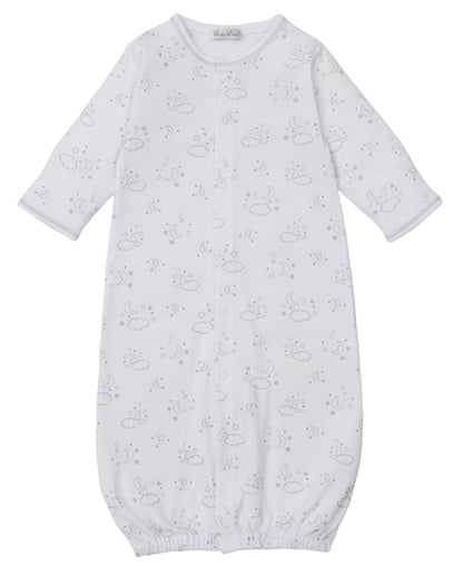 The Kissy Kissy Baby Cheerful Goodnight Convertible Gown is a white, long-sleeve Pima cotton gown with grey trim and a cloud and moon print. Its elastic hem makes nighttime changes easy and comfortable for your baby.