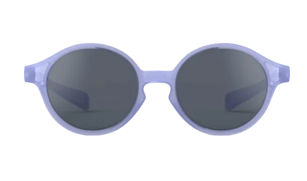 IZIPIZI Baby #D Polarized Sunglasses feature round black lenses and light purple translucent plastic frames, delivering lightweight UV protection—ideal as toddler sunglasses. Photographed on a white background.