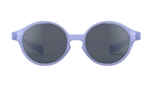 IZIPIZI Baby #D Polarized Sunglasses feature round black lenses and light purple translucent plastic frames, delivering lightweight UV protection—ideal as toddler sunglasses. Photographed on a white background.