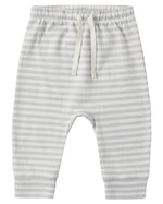 The Quincy Mae Baby and Kids’ Drawstring Pant in light grey and white stripes is crafted from soft organic brushed jersey and features an elastic waistband with a drawstring, displayed flat on a plain background.