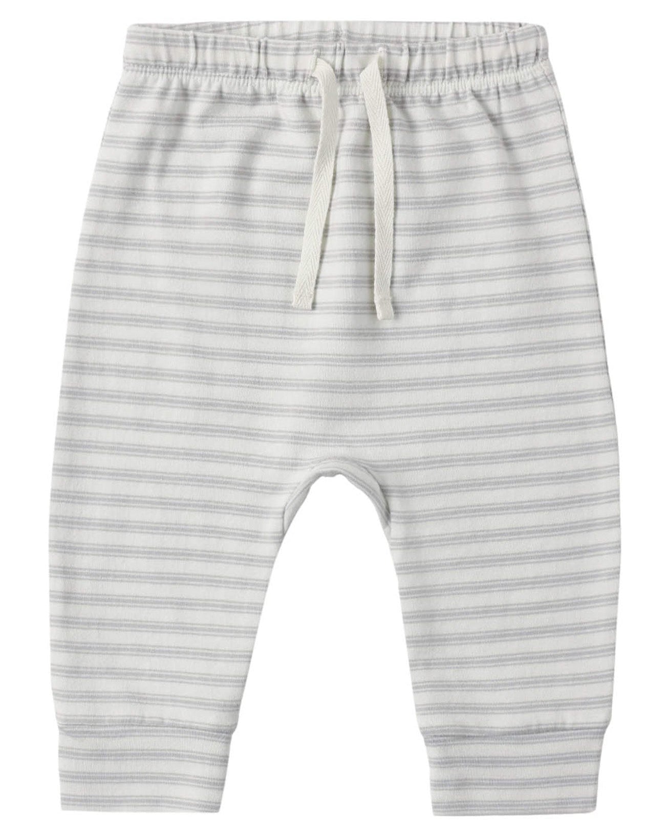 The Quincy Mae Baby and Kids’ Drawstring Pant in light grey and white stripes is crafted from soft organic brushed jersey and features an elastic waistband with a drawstring, displayed flat on a plain background.