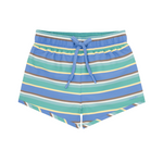 The Minnow Boy's Boardie by Minnow are colorful striped shorts featuring shades of blue, green, yellow, and gray with a drawstring waist. Designed for boys' style, these shorts provide comfort and mobility whether it's a sunny day or when paired with your favorite UPF 50+ rashguard.