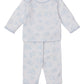 The Kissy Kissy Baby Cheerful Good Night Printed Footed Pant Set features a white long-sleeve outfit with blue cloud, moon, and playful elephant prints.