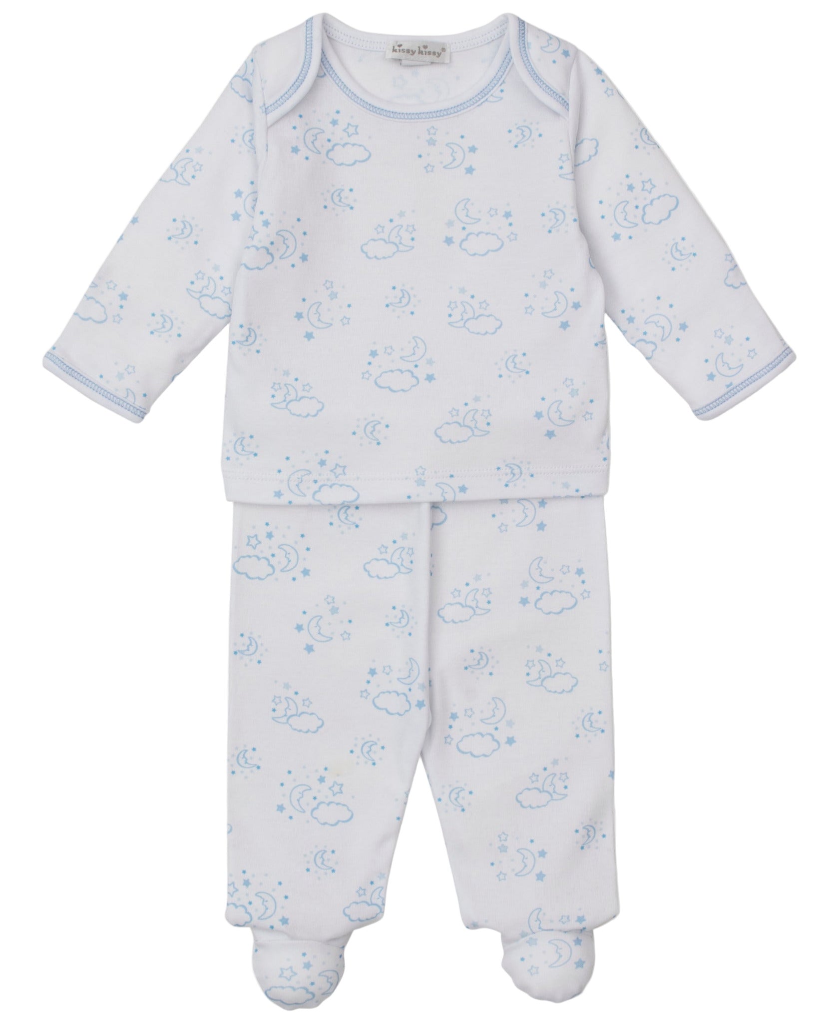 The Kissy Kissy Baby Cheerful Good Night Printed Footed Pant Set features a white long-sleeve outfit with blue cloud, moon, and playful elephant prints.