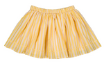 Girls’ Opera Skirt by Louis Louise in yellow and white vertical stripes, crafted from lightweight, breathable cotton with an elastic waistband and a ruffled hem, displayed on a white background.